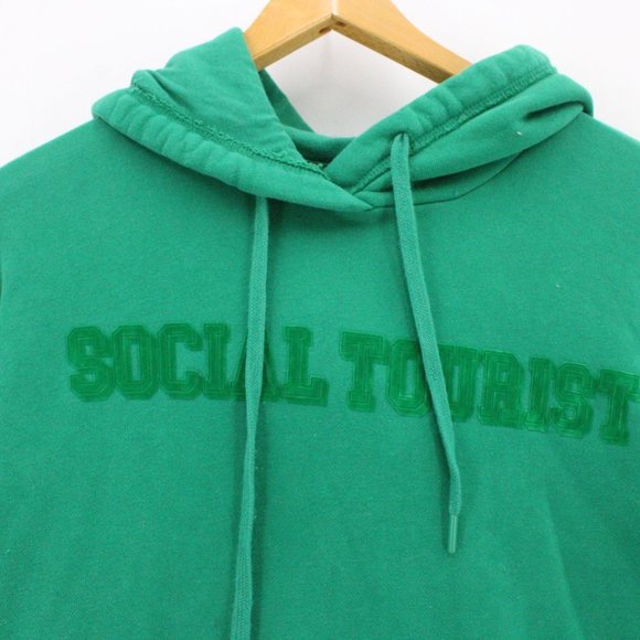 Social Tourist Hoodie Mens Green Pullover Drawstring Big Logo Graphic Small S - Picture 6 of 10